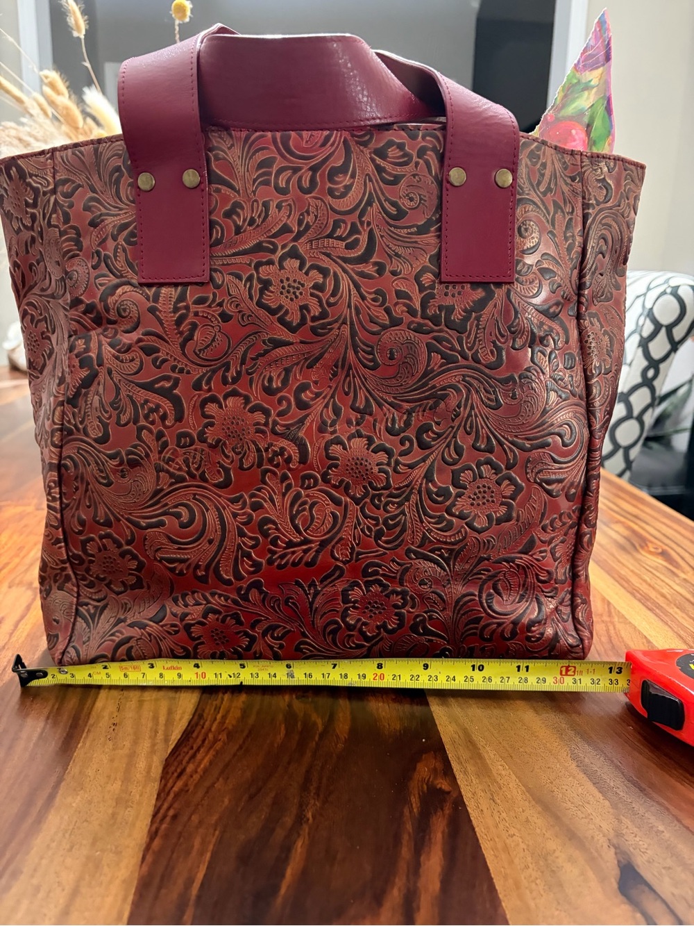 Danier leather Women's Red flowered Tooled Leather Tote Bag